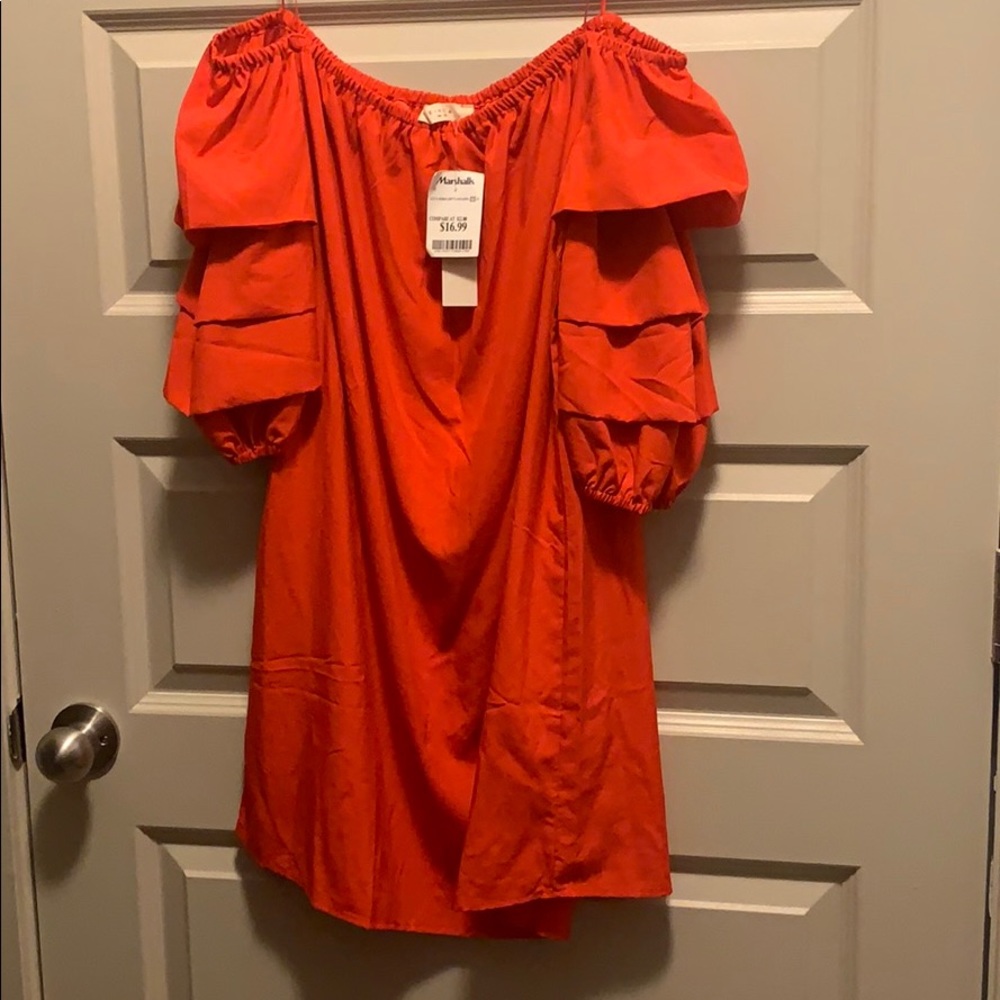 Bright orange off the shoulder dress